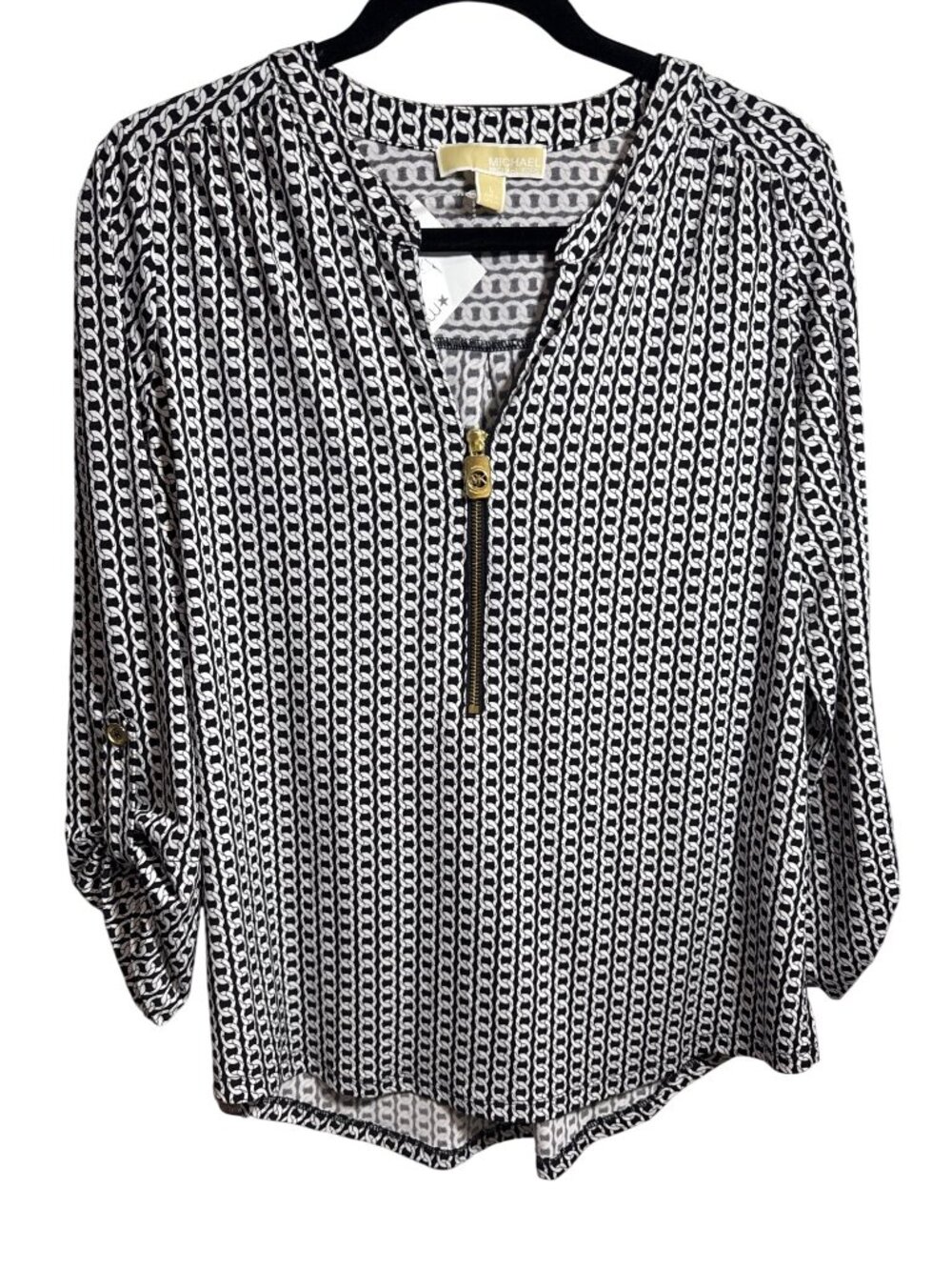 NWT Michael Michael Kors Chain Print Zip Front Top Black White L